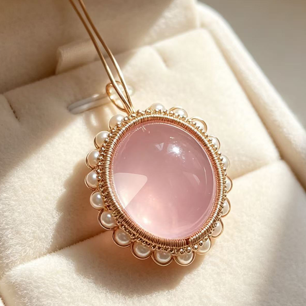 Natural Rose Quartz & Pearl Halo Pendant - 14K Gold Filled Handcrafted Necklace - Romantic Healing Jewelry - Image 2