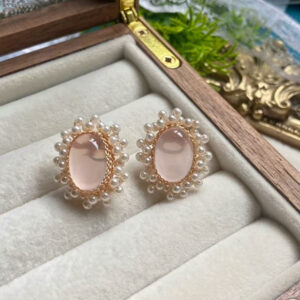 Elegant Oval Rose Quartz & Pearl Stud Earrings - 14K Gold Filled Handcrafted Vintage Studs - Romantic French Elegance