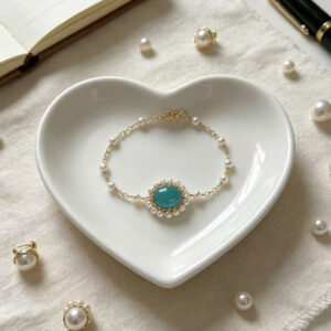 Natural Amazonite & Pearl Halo Bracelet - 14K Gold Filled Dainty Chain - Vintage Boho Aesthetic